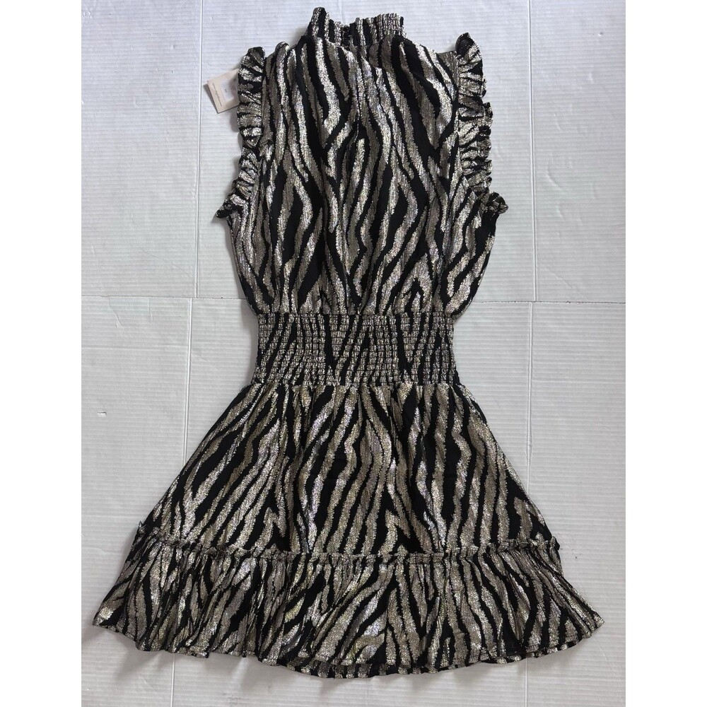 Elan Black Gold Zebra Print Dress L Neck Ruffle Sleeve Smocked Waist Mini $99